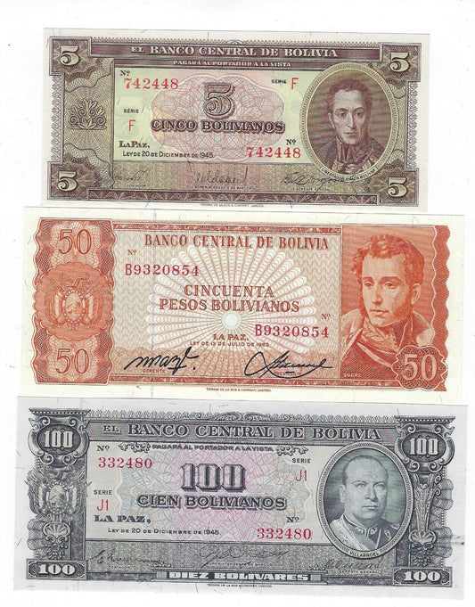 Bolivia 5,50&100 Bolivianos L.1962 Bolivar X2 Signatures including RARE one.BO3b