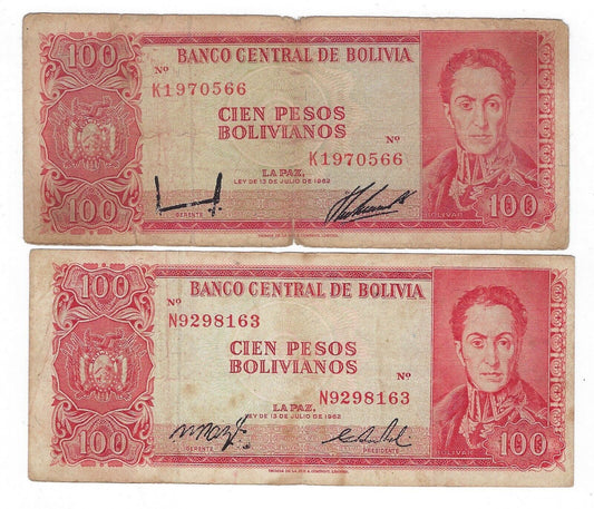 Bolivia 100 Bolivianos L.1962 Bolivar X2 Signatures including a RARE one.BO3a