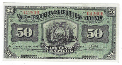 Bolivia-50 Centavos 1902 P 91 CH UNC Error Shift.est $75.BO2b