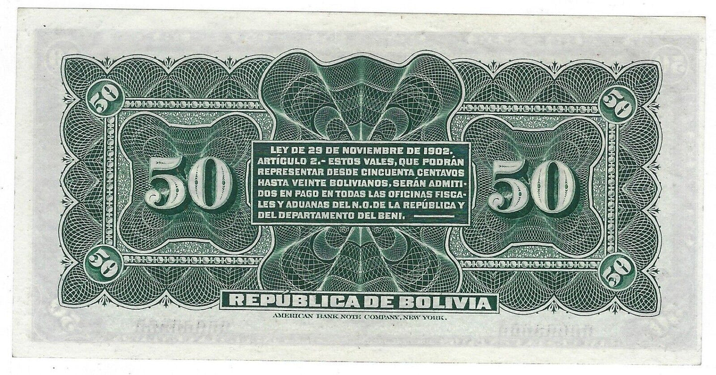 Bolivia-50 Centavos 1902 P 91 CH UNC Error Shift.est $75.BO2b