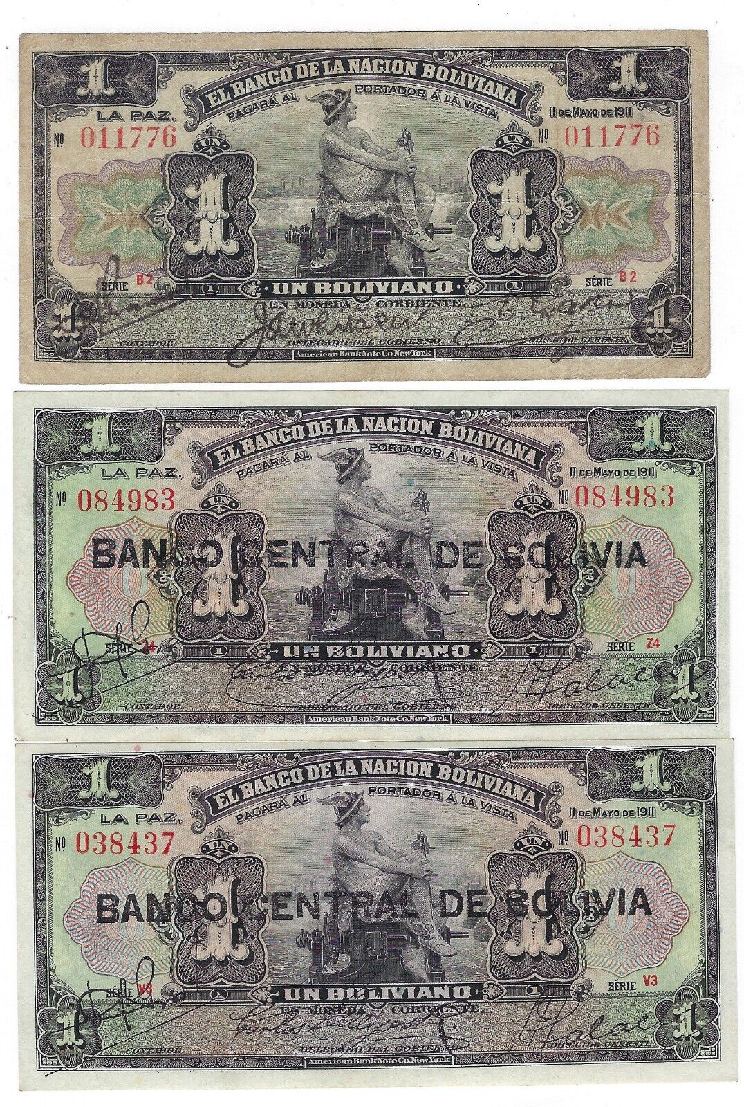 BOLIVIA 1BOLIVIANO L.1911 SERIES B2,V3,Z4(3 different Signatures)VF to AUNC.BO1b