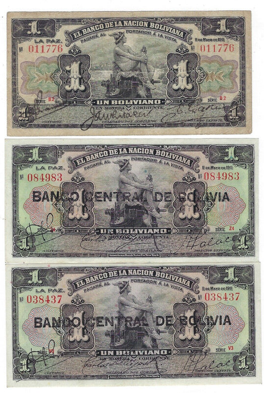 BOLIVIA 1BOLIVIANO L.1911 SERIES B2,V3,Z4(3 different Signatures)VF to AUNC.BO1b
