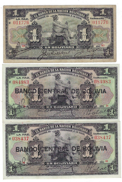 BOLIVIA 1BOLIVIANO L.1911 SERIES B2,V3,Z4(3 different Signatures)VF to AUNC.BO1b