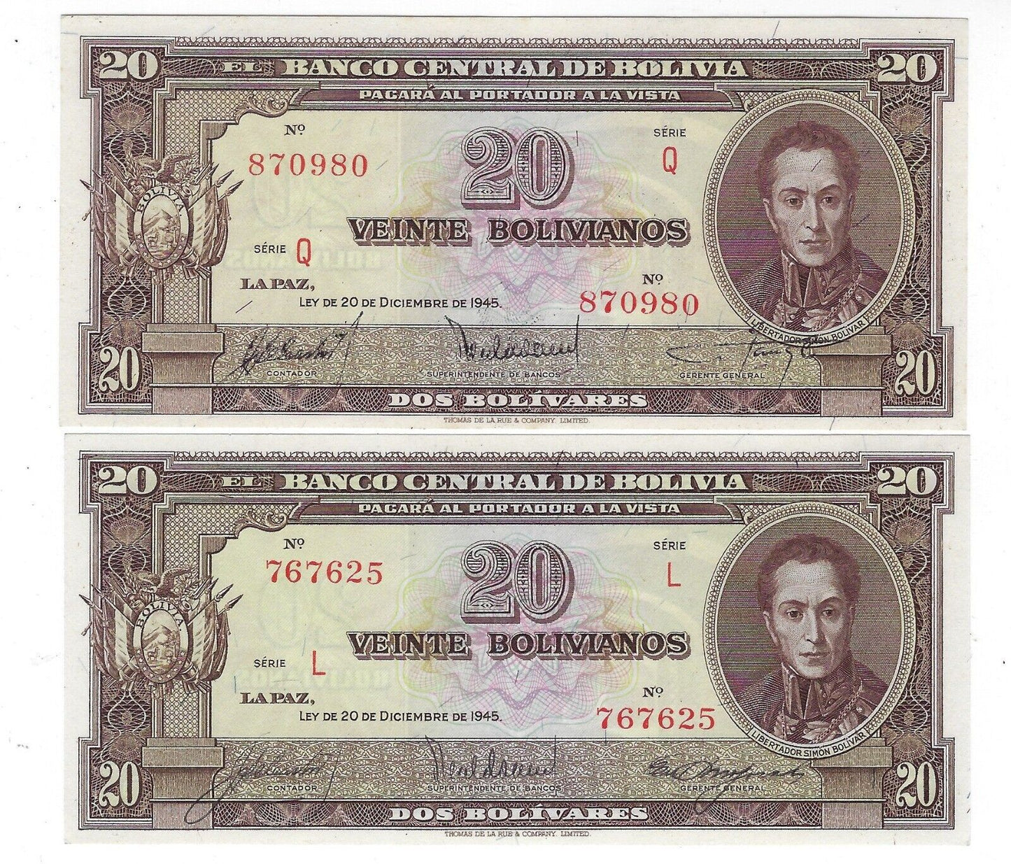 Bolivia 20 Bolivianos 1945 Pick#140 UNC x 2 different Signatures.est $40.BO1a