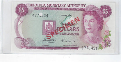 Bermuda $5 (1st Aprl 1978 )  Queen Elizabeth SPECIMEN P#29s UNC .Br1a