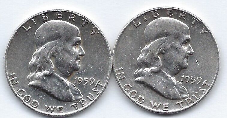 USA $1/2 SILVER 90% Franklin 1959 D x 2 high grade coins.est $65+.CB9E11