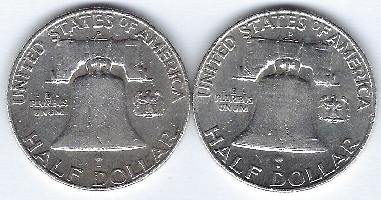 USA $1/2 SILVER 90% Franklin 1959 D x 2 high grade coins.est $65+.CB9E11