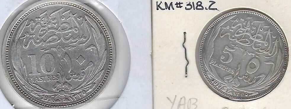 Egyptian Sultan Hussien set of 2 silver coins (5-10 piasters).est$75+.CB9E8