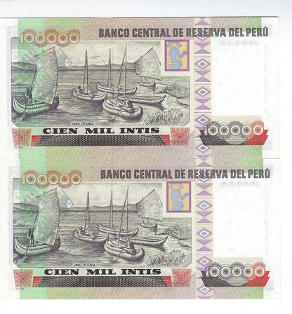 Peru 100,000 INTIS Replacement Note Mehilba RL4 UNC(1989)x2 Consecutive UNC.RP10