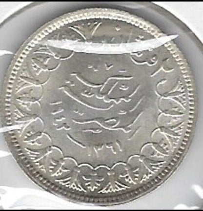 EGYPT AH13617 (AD1942) EGYPT,Kg Farouk 2 piasters SILVER.est $20+.CB9E3