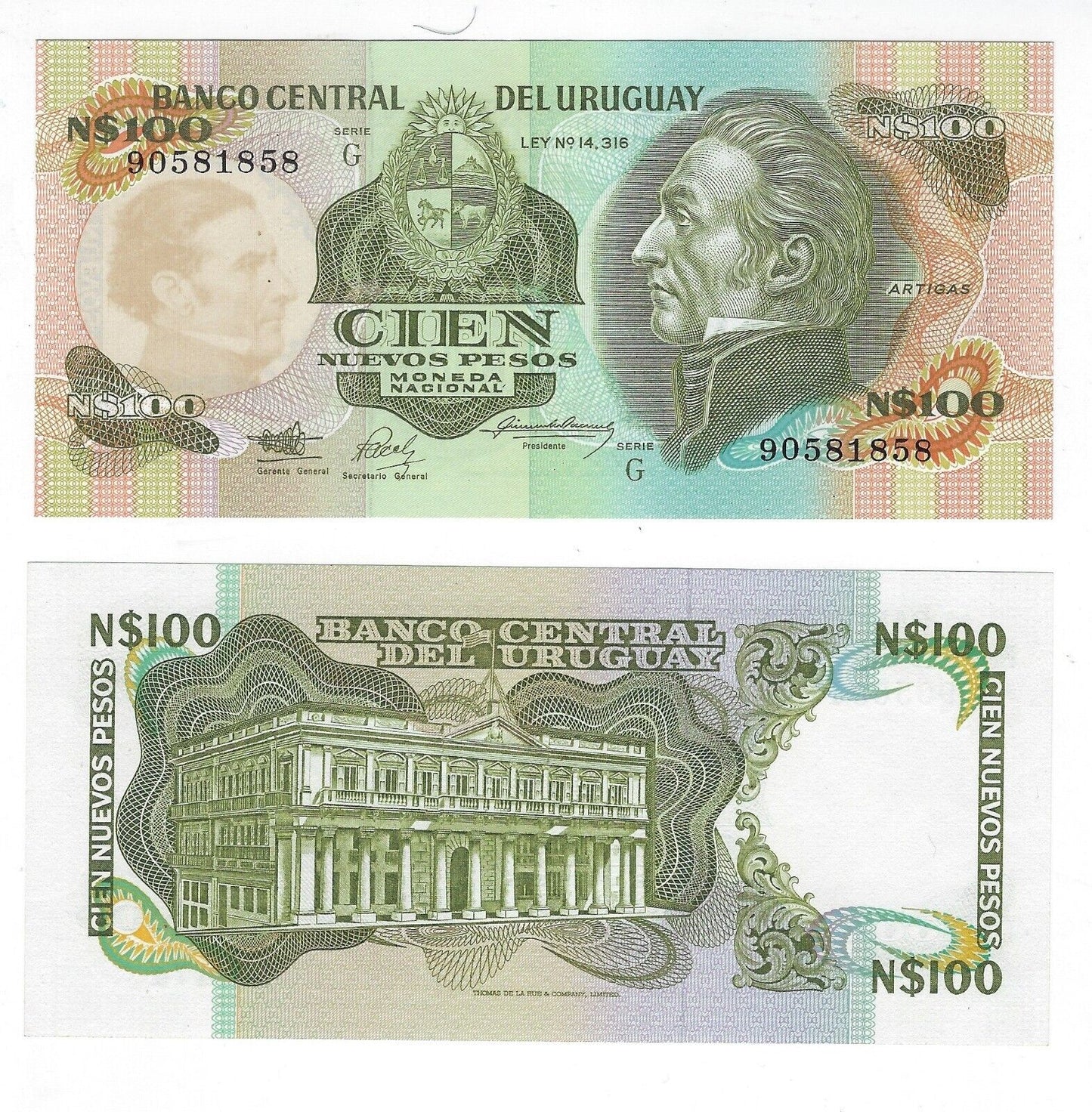 Uruguay 100 Nuevos Pesos ,Replacement Note Mehilba RF6 ,ND 1987 P 62A  UNC.RU1