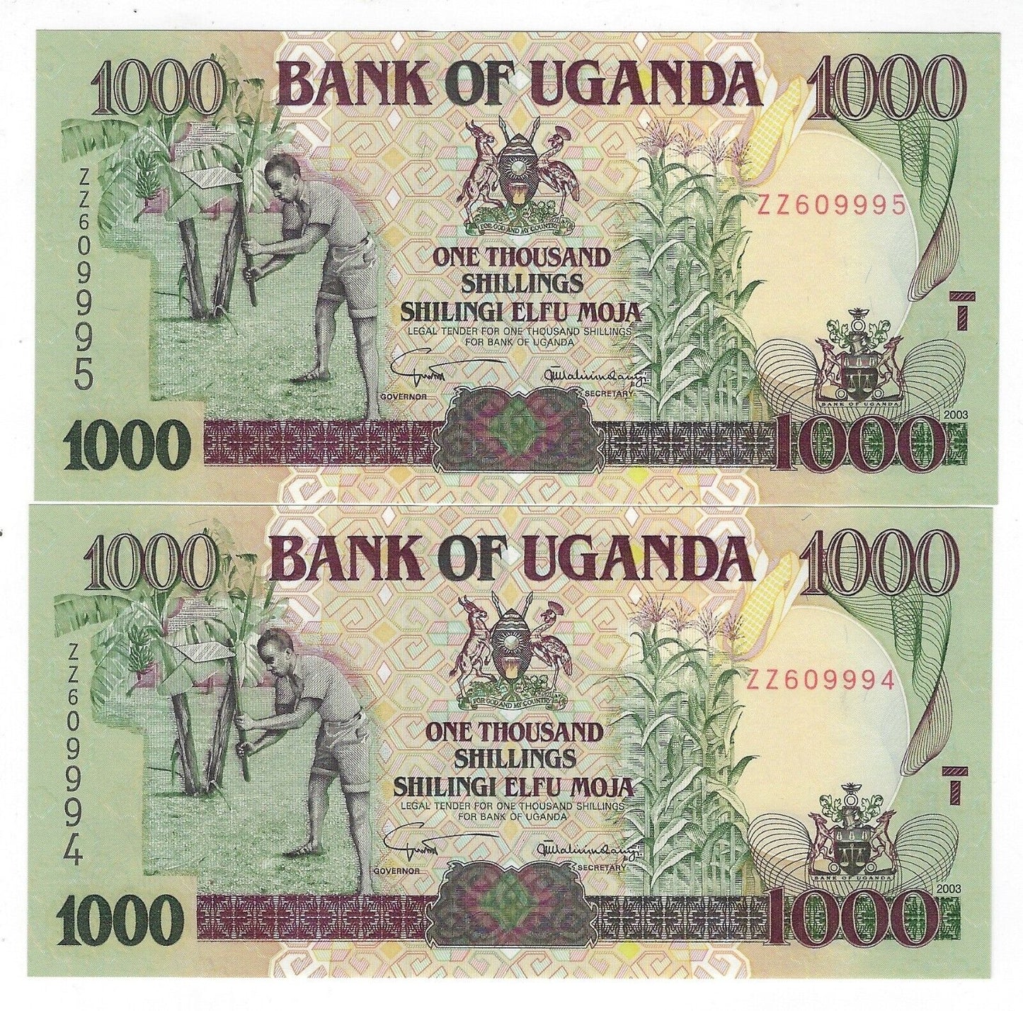 Uganda 1000 Shillings Replacement,Mehilba RH7,P-39, ZZ  UNC x2 Consecutive.RU10