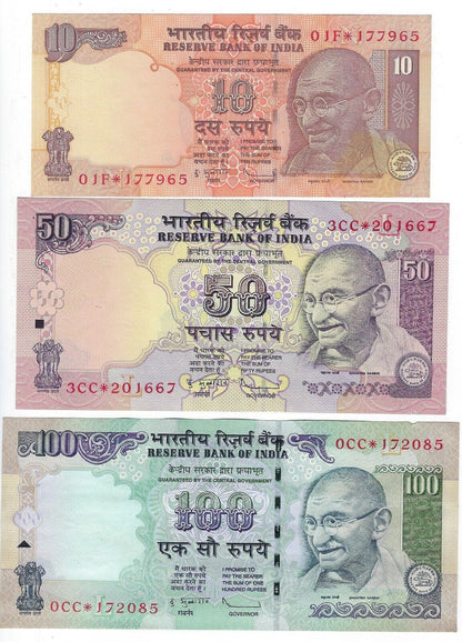India set of 3 Replacement notes 10,50&100 Rupees, STAR Notes (2011) .RIn1