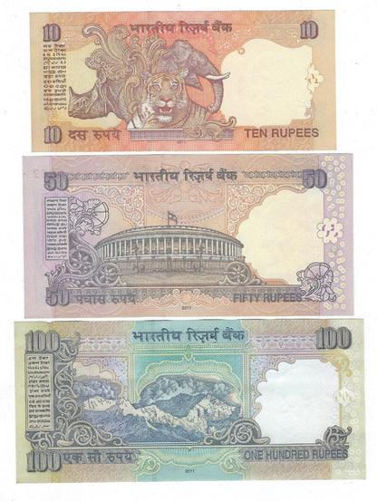 India set of 3 Replacement notes 10,50&100 Rupees, STAR Notes (2011) .RIn1
