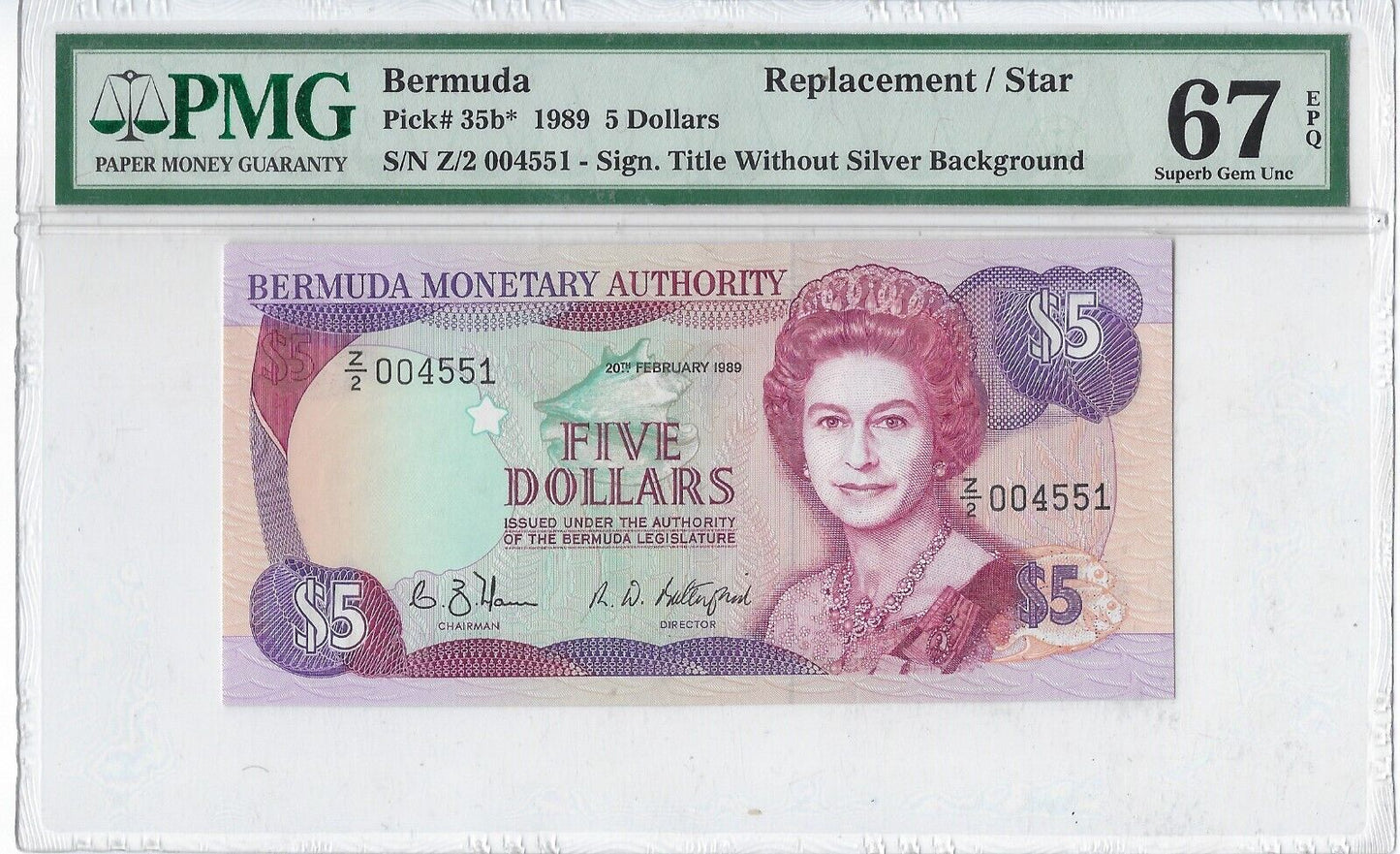 Bermuda $5 Feb.20.1989 Replacement note Mehilba RC5 Rare Collection  PMG 67