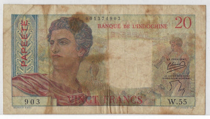 Papeete - Tahiti - 20 Francs  - 1954-58 - Banque de l'Indochine . Ta7a