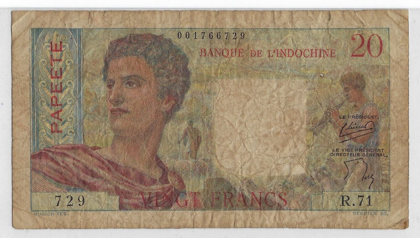 Papeete - Tahiti - 20 Francs  - 1954-58 - Banque de l'Indochine ,PH  .Ta7b
