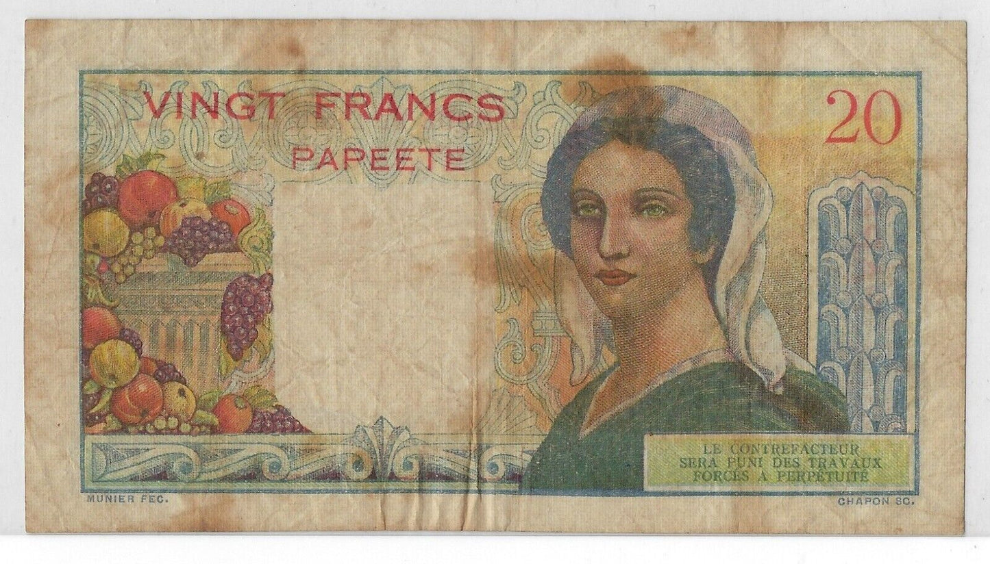 Papeete - Tahiti - 20 Francs  - 1954-58 - Banque de l'Indochine ,PH  .Ta7b