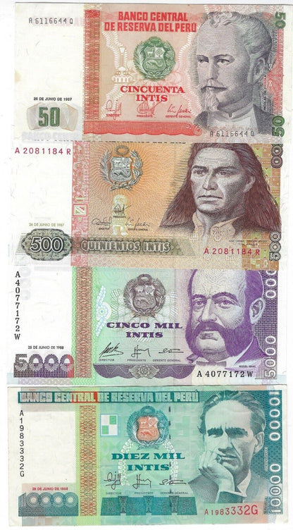 Peru Set Of 4 50,500 ,5000 &10000 Intis  1980s  AU to UNC ,Est $25  .PE1d