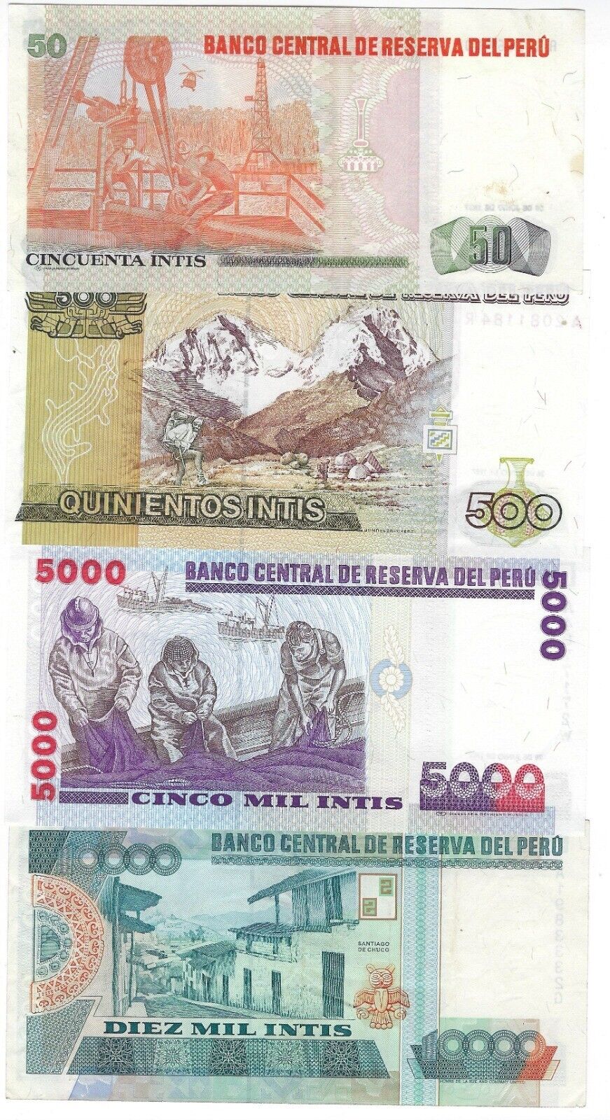 Peru Set Of 4 50,500 ,5000 &10000 Intis  1980s  AU to UNC ,Est $25  .PE1d