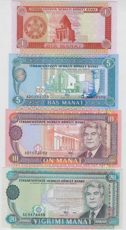 TURKMENISTAN set of 4 UNC 1,5,10&20 Manat Est $25 .Tr1b