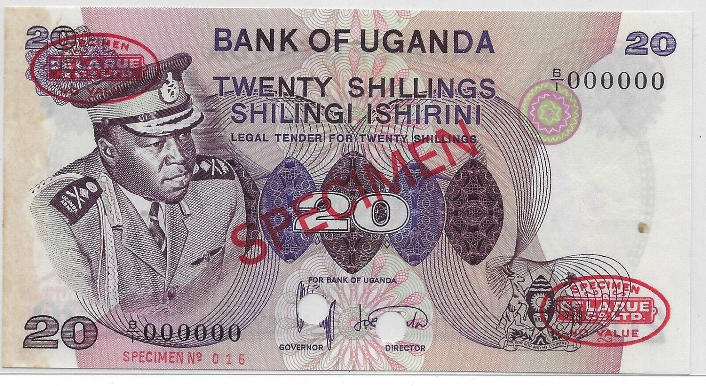 Uganda P7s, Specimen 20 Shillings 1973 aUNC * Idi Amin * Est $295 .Ug1