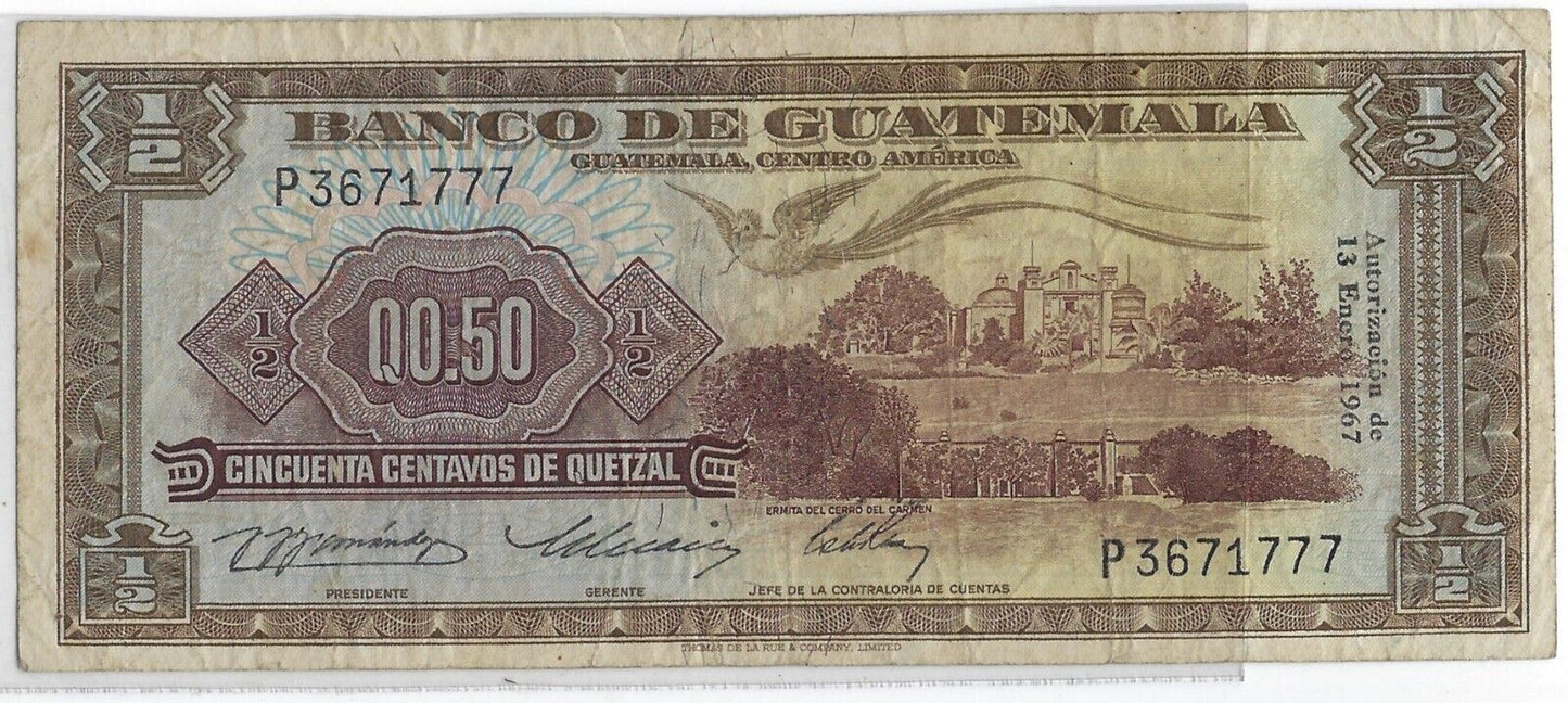 Guatemala Half 1/2 quetzal 50 centavos 13.1..1967 P-51d Lucky SN.est$165+.GU5