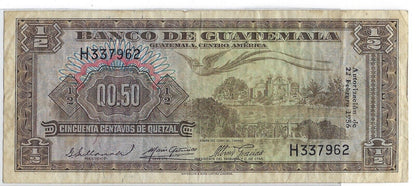 Guatemala Half 1/2 quetzal 50 centavos 22.2.1956 P-41a P-41 VF      Est $125.GU1