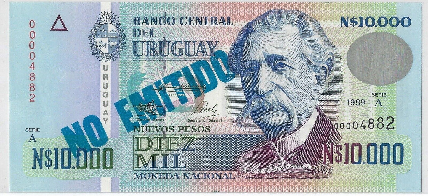 Uruguay BANKNOTE , 10000 MIL 1989 UNC,SPECIMEN ,Est $65.UR5