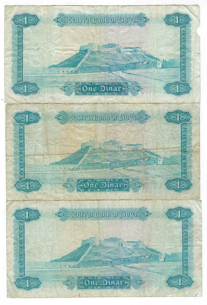 Libya 1 Dinar 1972, 3 Notes, Fine .LY1