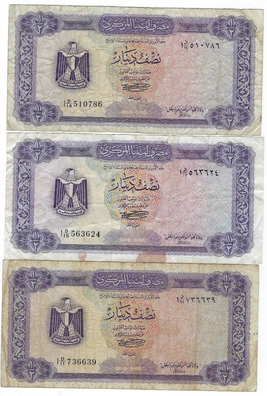 Libya 1/2 Dinar 1972, 3 Notes - VF - LY3