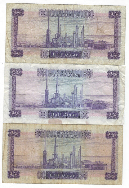 Libya 1/2 Dinar 1972, 3 Notes - VF - LY3