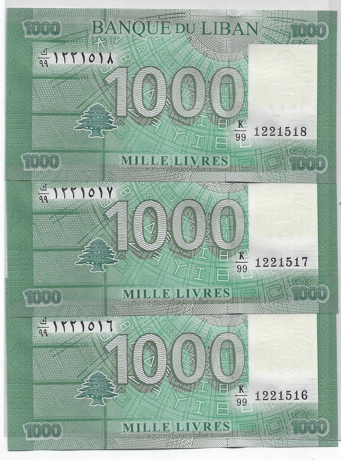 Lebanon 2011 UNC 1000 Livres x3 Consecutive, Mehilba RA2, P-90 Replacement. LB1