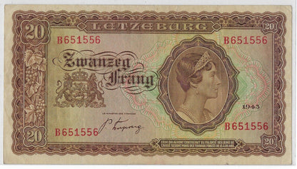 Luxembourg 20 Francs 1943 WWII ,P42a FANCY SN 651556 VF+.est $60.LU5