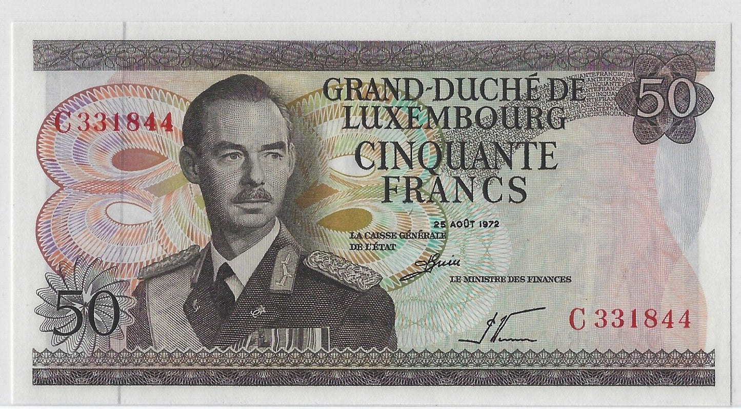 Luxembourg 50 Francs 25-8.1972 ,P55 FANCY SN 331844 UNC.est $45.LU3