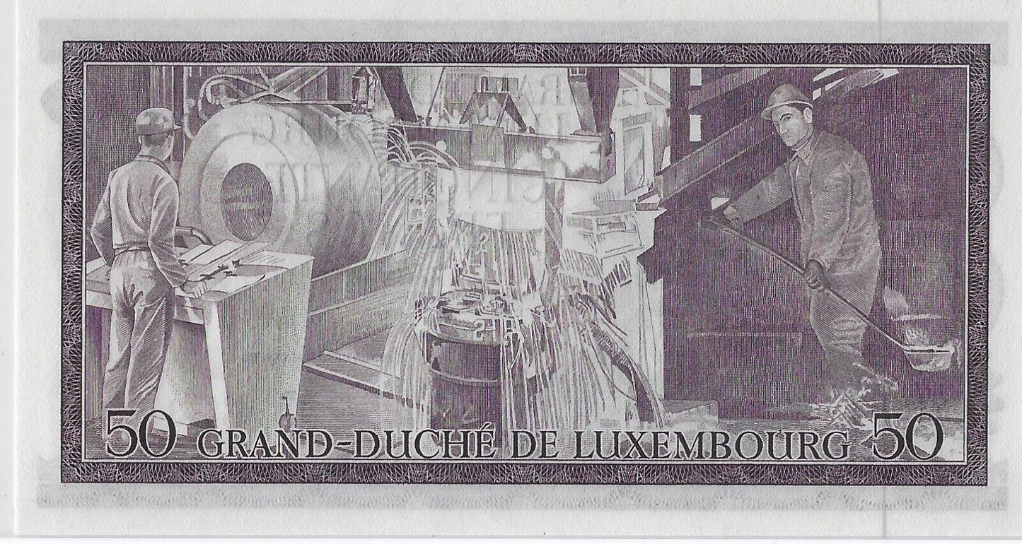 Luxembourg 50 Francs 25-8.1972 ,P55 FANCY SN 331844 UNC.est $45.LU3