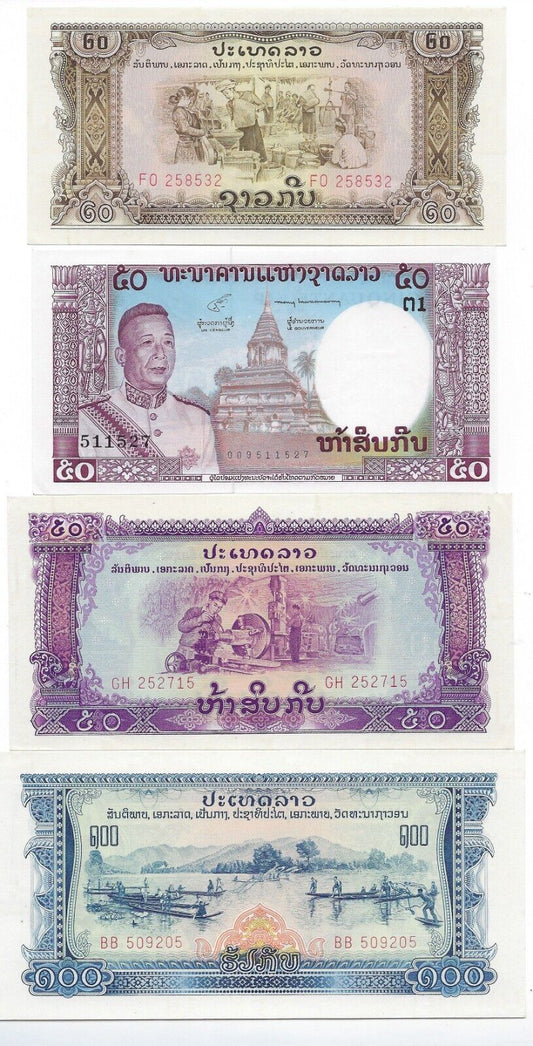 Laos 20,50,50,100 Kip 1968,3,8,75 ,P21,12,22,23.UNC.est $35.LA7a