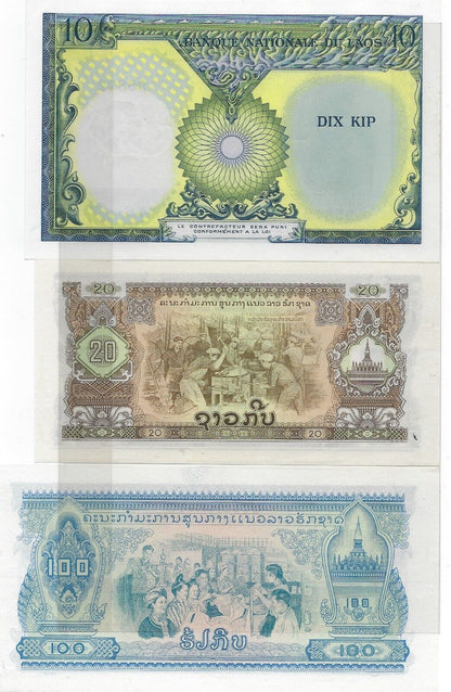 Laos 10,20,100 Kip 1962,8,75 ,P10,21,23 UNC.est $35.LA6a