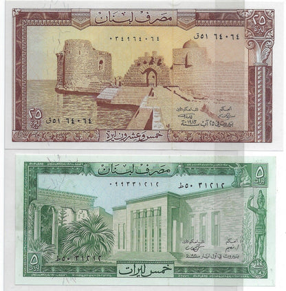 Lebanon  5 & 25 Livres UNC Fancy SN Repeater 640 64 , 3 12 12  Est $50 . LB2