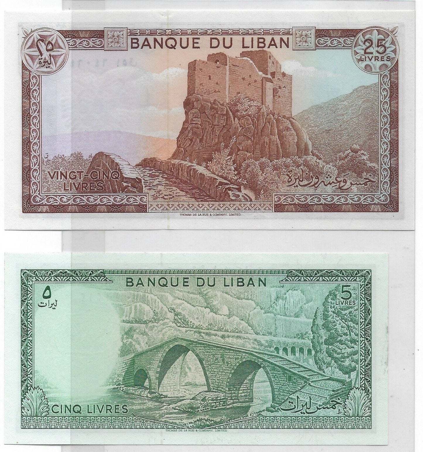 Lebanon  5 & 25 Livres UNC Fancy SN Repeater 640 64 , 3 12 12  Est $50 . LB2
