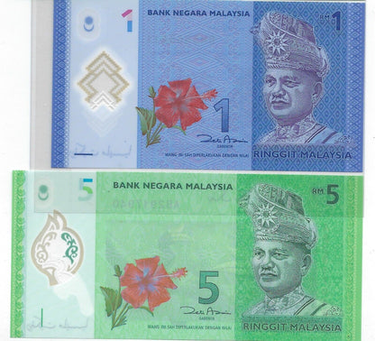 Malaysia 1 & 5 ringgit 2012,2010 Polymer UNC.My1m