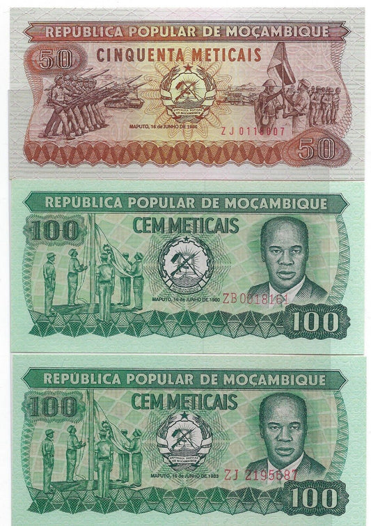Mozambique 50,100,100Meticais (1986,80,3)"REPLACEMENT/STAR"Mehilba RB4,RC2,3.Mz6
