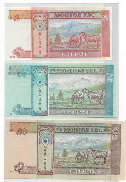 Mongolia 5,10 &50 Tugrik 2008&13  "REPLACEMENT/STAR" Mehilba RC9,,RD5,RH7.MO1a