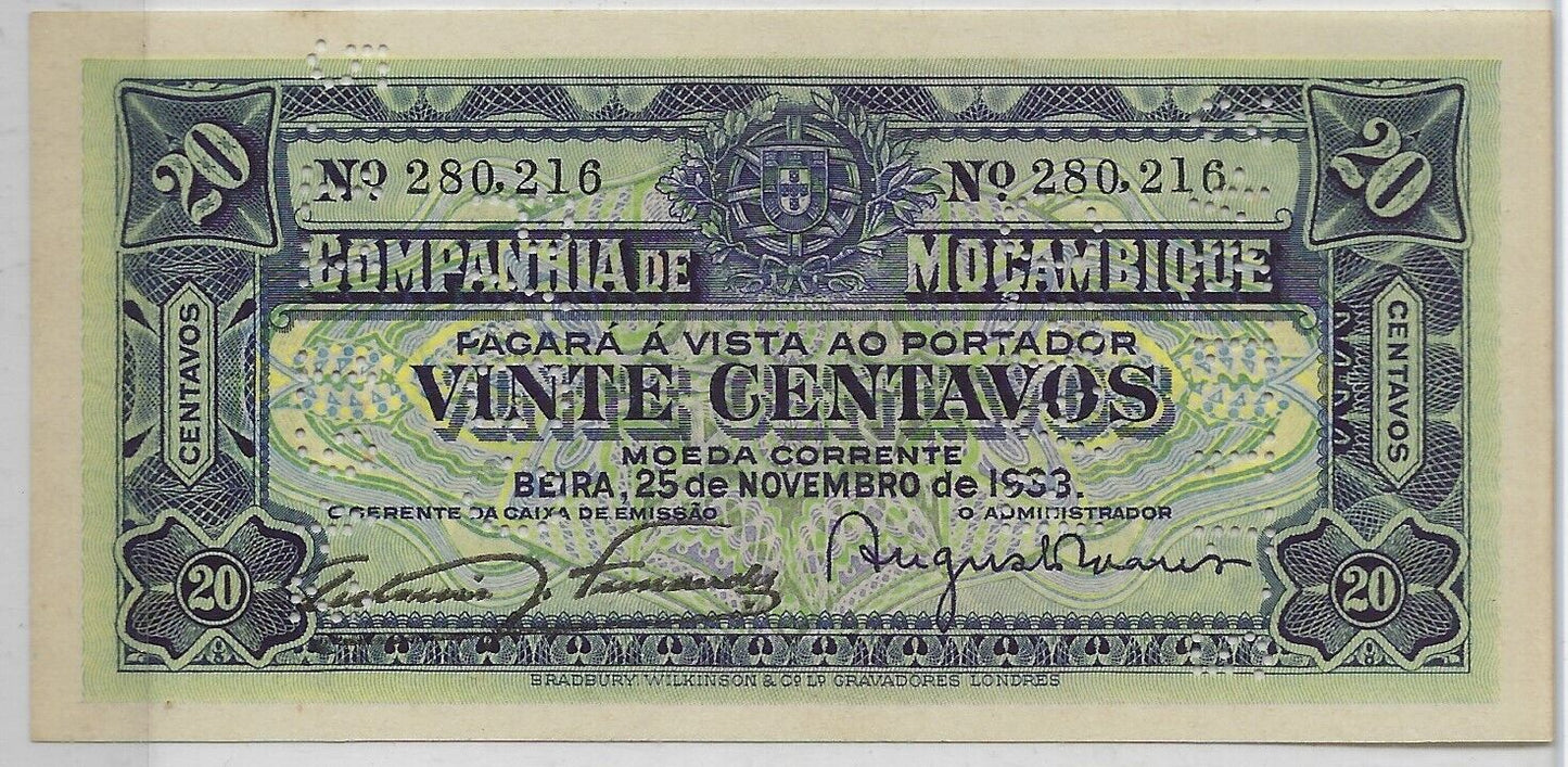 Mozambique 20 Centavos 1933 25.11.1933 Perforated text"PAGO 5.11.1942"UNC*.Mz4