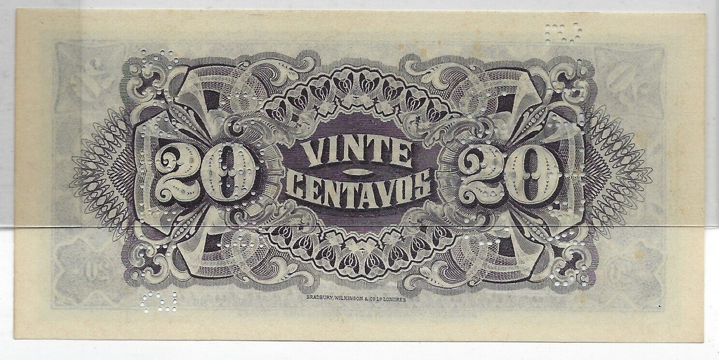 Mozambique 20 Centavos 1933 25.11.1933 Perforated text"PAGO 5.11.1942"UNC*.Mz4