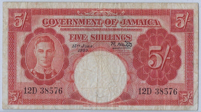 JAMAICA-5 SHILLINGS 15.6.1950-Kg George VI-P 37a AVF,est $90.JM1a