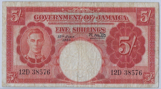 JAMAICA-5 SHILLINGS 15.6.1950-Kg George VI-P 37a AVF,est $90.JM1a