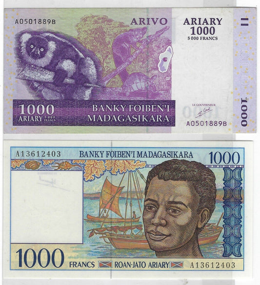 Madagascar 1000 Ariary, 2 Notes, UNC, MD6a