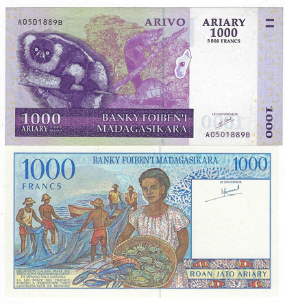 Madagascar 1000 Ariary, 2 Notes, UNC, MD6a