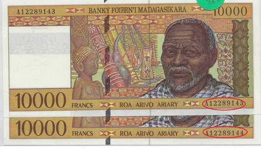 Madagascar 10000 Francs 1995,  2 Notes, UNC, P79, Prefix A, MD5a